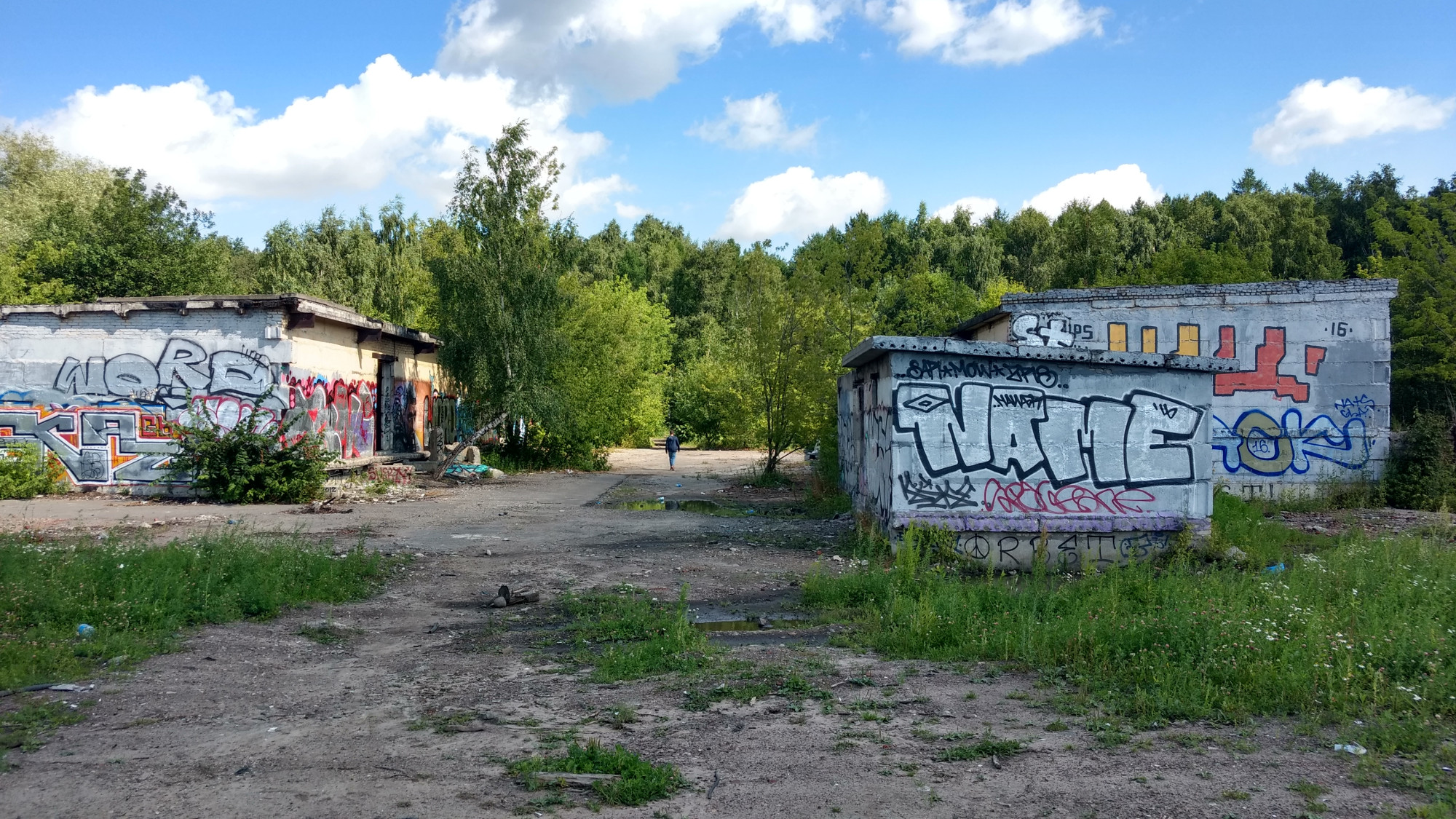 Outside the belokamennaya station in the elk island national park, some abandoned building with grafity