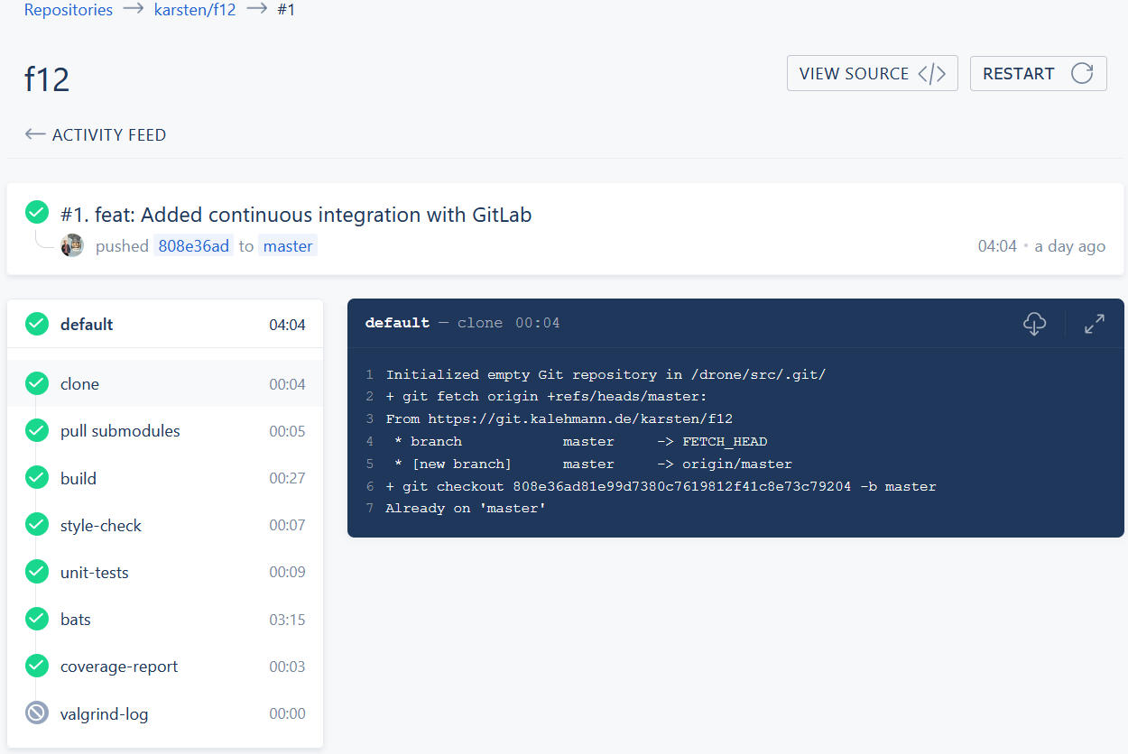 A screenshot of the drone io webinterface showing a finished pipeline